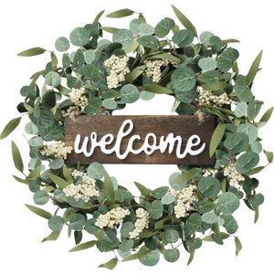 Green Artificial Eucalyptus Wreath with Welcome Sign 20in Spring Summer Wreath